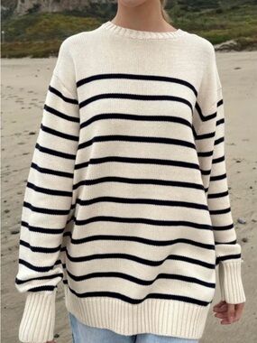 Brandy Melville; John Galt Cream and Black Striped Crewneck Sweater